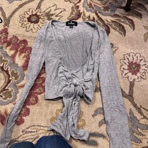 Lulu's Light Gray Ribbed Tie-Front Blouse